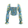 Camisa de Manga Larga Estampada Tie-Dye de Cuadrado de Cuello Alto Estilo Europeo y Americano Chica Caliente Nueva de Primavera para Mujer Top Corto Ajustado para Vacaciones