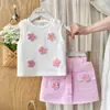 Chegada Nova 2026 Conjunto de Colete Floral Liso + Shorts Casuais para Meninas Estilo Europeu e Americano Peça Dupla
