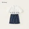 Bangxuan Ropa Infantil Conjunto para Niñas Camisa Blanca Holgada con Estampado Completo y Encaje Pantalones de Pierna Recta Conjunto de Dos Piezas Infantil Estilo Bosque