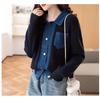 Jaqueta Tricô Spliced Jeans Estilo Tweed com Lapela para Mulheres Primavera e Outono 2025 Nova Chegada Simples Versátil Cardigan Top