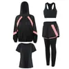 Novo conjunto de yoga de primavera e outono, conjunto feminino, malha fina, cor colorida, conjunto de quatro peças para corrida, esportes, fitness feminino