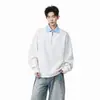 Nueva Textura de Raya Vertical Moda Masculina Estilo Coreano Tejido Otoño/Invierno Bloque de Color Media Cremallera Cuello Camisa POLO