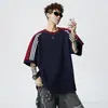 Camiseta de Algodón Puro de Peso Pesado con Bloques de Color de Tres Rayas, Estilo Americano, Marca de Moda, Manga Corta, Unisex, Verano, Holgada, Nuevo Top de Moda