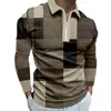 Camisa polo retro de manga larga para hombre de Amazon transfronterizo, nuevo color de otoño, bloques de color, estampado de cuadros, moda casual, con cremallera