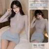 Romance Floral Lingerie Sexy Secretária Renda Romântica Transparente Bodycon Saia Curta Uniforme Conjunto de Vestido Camisola para Mulheres A1039