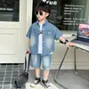Traje de Verano de Tres Piezas de Mezclilla de Manga Corta para Niños Pequeños, Traje Guapo y Elegante, Ropa Guapa de Moda para Bebé, Exportación