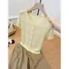 Cárdigan de Punto Crochet Amarillo Calado Manga Corta para Mujer, Estilo Coreano de Verano, Único y Hermoso, Muy Atractivo, Top Delgado y Adelgazante
