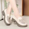 Mocassins Primavera e Verão para Mulheres 2024 Novo Estilo Malha Salto Médio Sapatos Pequenos de Couro Solado Grosso Salto Bloco Estilo Britânico Sapatos de Calçar