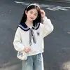 Conjunto de dos piezas para niña de estilo coreano dulce y preppy: sudadera con cuello azul marino y pantalones vaqueros casuales a la moda, para primavera y otoño