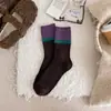 Calcetines de Lana de Invierno para Mujer Estilo Japonés Nuevo Calcetines de Bloques de Color de Media Pantorrilla Calientes Gruesos Calcetines Rayados de Terciopelo de Visón Calcetines Holgados