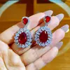 Pendientes de Zirconia de Color Ovalada de Rubí Geométrico de Lujo Ligero Pendientes Europeos y Americanos Pesados para Banquetes Pendientes Largos de Gama Alta