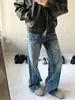 Calça Jeans Feminina Estilo Americano High Street Lavagem Rachada Raio, Calça Wide-Leg Retrô Versátil Solta Estilo de Rua
