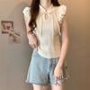 Gongyu Weng Chaleco sin mangas con costuras de botones huecos estilo chino nuevo para mujer, camiseta de verano con nuevo sentido del diseño