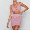 Vestido Sexy de Mujer Amazon con Cuello en V Corto Estampado Rayado Texturizado Bodycon con Tirantes Su2423 Sin Mangas