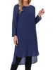 Camisa Casual de Gasa Asimétrica Delantera y Trasera con Cuello Redondo, Manga Larga Suelta y Abertura Lateral para Mujer, Transfronteriza Europea y Americana, 2026