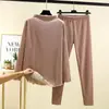 Conjunto de roupa íntima térmica de veludo dupla face com gola semi-alta, mangas compridas soltas e calça legging justa, para outono e inverno