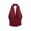 Elegante top corto de tirantes de malla con retazos, escote en V profundo y espalda descubierta para mujer, ajustado y que realza la figura para chicas sexys