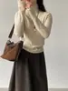 Suéter de Tricô Gola Alta Texturizado de Alta Qualidade Estilo Coreano Jiangzuo para Mulheres, Top Fino Estampado de Alta Elasticidade F529