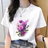 Camiseta Casual Feminina Moda Coreana Gola Redonda Estampa Floral Tendência Ins Manga Curta