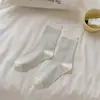 Meias femininas de algodão puro até o meio da panturrilha, estilo outono e inverno, com bordas franzidas, bolinhas, resistentes a odores, respiráveis e com laços.