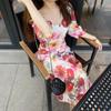 [Simeng] irmã mais velha Holland Market Flor holandesa Mercado francês colarinho quadrado puff manga vestido