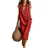 2026 Nuevo Vestido de Vacaciones Casual Holgado de Algodón y Lino con Cuello Oscilante para Mujer, Transfronterizo Europeo y Americano, Amazon