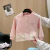 Cardigã feminino estilo coreano jaqueta de renda dopamina, blusa de renda rosa de manga comprida com gola redonda, casaco infantil