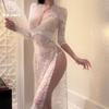 Fin de temporada Europeo y Americano Sexy Escote Bajo Perspectiva Encaje Abertura Alta Sex Ropa Interior Ajustado Encaje Calado Camisón para Mujer 7124