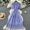 Vestido Hueco de Encaje Estilo Dama Elegante Retro para Mujer Verano Manga Corta Suave Cintura Alta Falda de Línea A Adelgazante para el Trabajo
