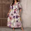 Vestido largo vintage estilo campestre europeo y americano para mujer de talla grande, holgado, adelgazante, con mangas cortas estampadas, cuello redondo y falda amplia