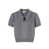 Verano 2026 Nuevo Cuello de Muñeca Lazo Punto Manga Corta Mujer Raya Vertical Manga Abullonada Temperamento Adelgazante Top Mujer