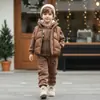 Conjunto espesso de inverno para bebês e crianças pequenas, unissex, quente, casual, para atividades ao ar livre, estilo coreano, colete acolchoado com zíper e moletom com capuz