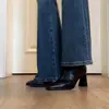 Botines gruesos de tacón cuadrado estilo coreano, botas elásticas retro ajustadas para mujer, con cremallera trasera y tacón alto.