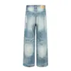 Pantalones de Mezclilla Lavados con Degradado para Hombre, Estilo Callejero Vintage Borde Deshilachado Estilo Americano Desgastados Pierna Ancha Sueltos Rectos