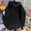 Moletom com Capuz Espesso e Forrado com Lã para Outono/Inverno 2026 para Homens e Mulheres, com Acabamento em Pelo de Raposa Prateada, Gola com Botões, Corte Solto, Blusa Pulôver de Cor Sólida