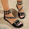 Sandalias Sencillas Decoradas con Perlas para Mujer, Zapatos Romanos Estilo Retro con Correas Versátiles en el Tobillo y Suelas Planas