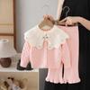 Casaco Cardigan Infantil com Gola Grande Conjunto de Duas Peças Calça para Menina Suéter Tricotado Feminino