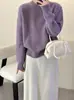Elegante suéter cinza de gola redonda com pelo sintético de guaxinim para mulheres, pulôver solto e casual com mangas compridas para outono e inverno