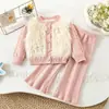 Conjunto de suéter para niña, pelo largo de imitación, cárdigan tejido, suéter y pantalón para bebé, conjunto de dos piezas, nuevo estilo otoño e invierno