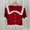 Camiseta de Verano para Mujer 2025 con Cuello Peter Pan, Manga Corta, Ajustada, Corta, de Cintura Alta, Tejida, Seda de Hielo, Camisa con Cintura de Cardigan, Estilo Francés