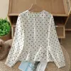Foto Real de Camisa de Diseño Estilo Coreano con Lunares para Mujer, Nuevo Modelo de Primavera, Corte Holgado, Versátil, Cuello Redondo, Manga Larga, Top de Camisa 100% Algodón