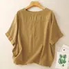 Foto Real Verão 2026 Cor Sólida Feminina Vintage Gola Redonda Manga Curta Camisa Preto Algodão Linho Camiseta Blusa Artística