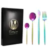 Juego de cubiertos de acero inoxidable(Incluye cuchillo de mesa, tenedor de mesa, cuchara de mesa y cuchara de postre.) En una elegante caja de regalo, ideal para cocinas domésticas, restaurantes, cenas y reuniones, así como para regalos de inauguración de casa o de boda.