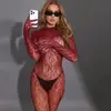Lingerie Sexy Estilo Europeu e Americano Transfronteiriço Body de Peça Única com Mangas Longas em Renda de Rede com Fecho no Entrepernas e Design Transparente 8484