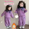 Moletom para Menina Manga Longa Conjunto com Plus Velvet Bebê Espessado Casual Gola Polo Conjunto de Duas Peças Roupas de Inverno Infantis