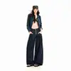 Calça jeans feminina transfronteiriça, estilo americano, calça longa de perna larga solta com pregas e quatro botões, jeans cru azul, jeans cru azul extra longo