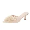 6658-21 Verano Nuevo Moda Francesa Satín Pedrería Pies Cómodos Sandalias Abiertas Punta Fina Tacón de Aguja Tacones Altos