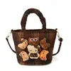 Nova Estampa Maillard Xadrez Desenho Animado Gatinha Bolsa de Mão Bolsa Transversal Pequena de Pelúcia Estilo Retrô Bolsa de Balde para Menina