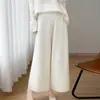 Pantalones de punto de lana pura de talle alto de pierna ancha para mujer, adelgazantes, sueltos, cintura elástica, informales, cropped, Otoño/Invierno 2026