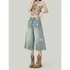 Moda Versátil Roupas de Exterior para Pessoas Baixas Calças de Perna Larga Comprimento Médio Femininas Estampa de Estrela Azul Novo Estilo Calças de Sete Pontos Calças Jeans de Comprimento Médio